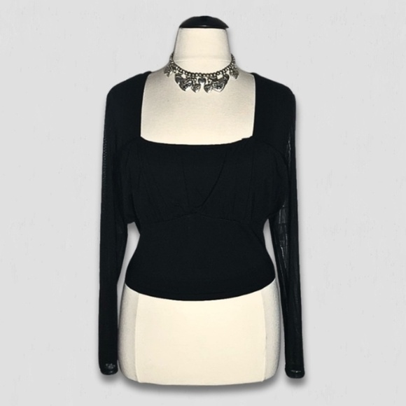 ASOS Design Black Mesh Long Sleeve Square Neck Top 22 - Picture 3 of 12